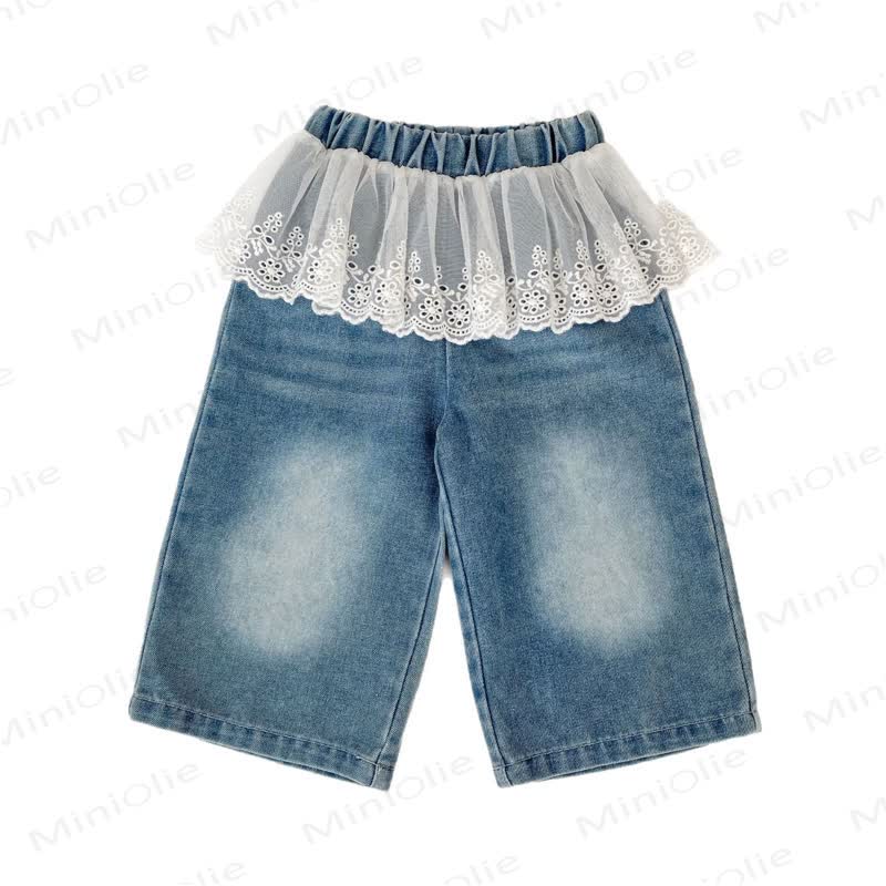 Pantaloni in denim e pizzo tinta unita per bambina - image 4