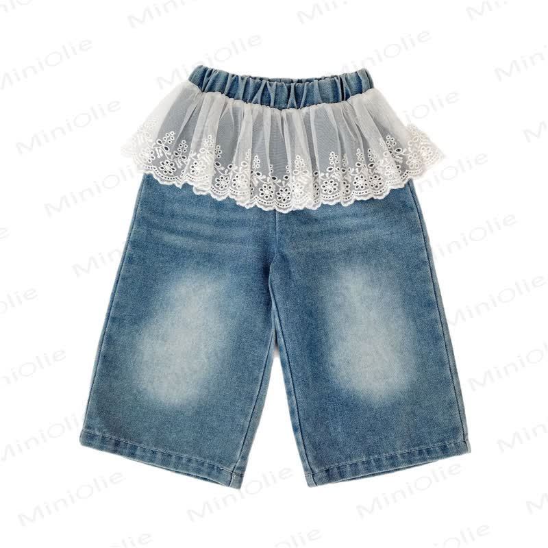 Pantaloni in denim e pizzo tinta unita per bambina - image 4