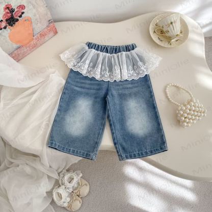 Pantaloni in denim e pizzo tinta unita per bambina - image 2