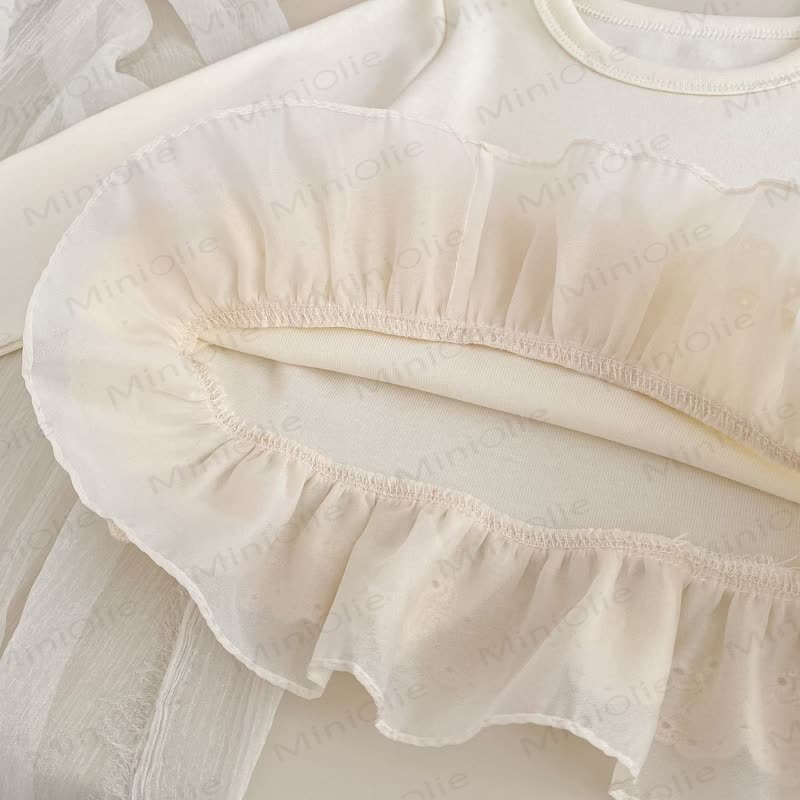 Top in pizzo bianco tinta unita per bambina/pantaloni in denim blu - image 10