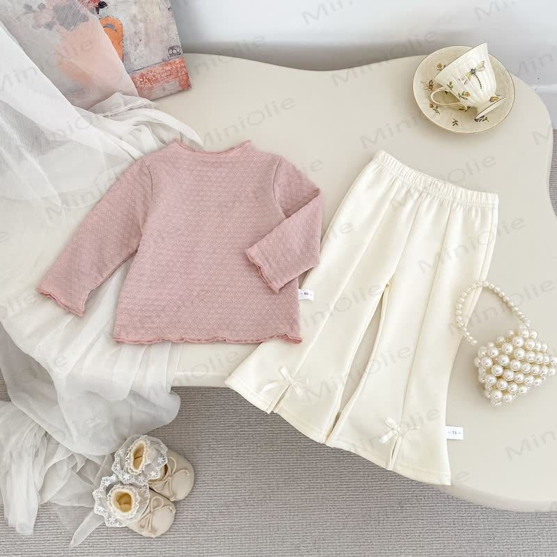 Top in maglia tinta unita/pantaloni con fiocchi per bambina - image 1