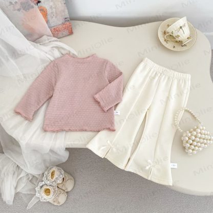 Top in maglia tinta unita/pantaloni con fiocchi per bambina - image 1