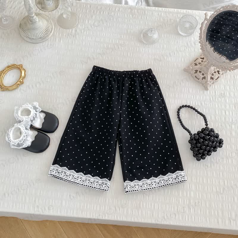 Top con fiocco in tinta unita per bambina/pantaloni a pois neri - image 3