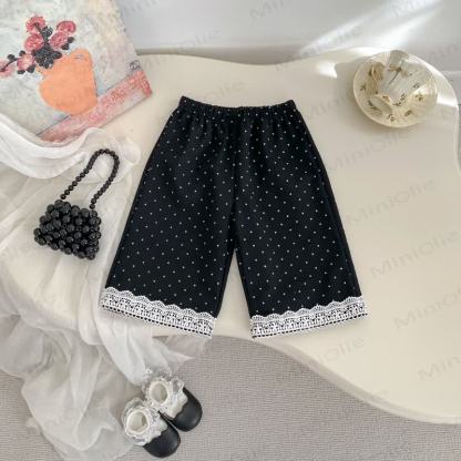 Top con fiocco in tinta unita per bambina/pantaloni a pois neri - Pantaloni neri - 5-7T - image 2