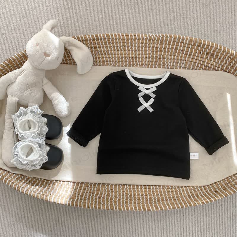 Top con fiocco in tinta unita per bambina/pantaloni a pois neri - Top nero - 5-7T - image 6