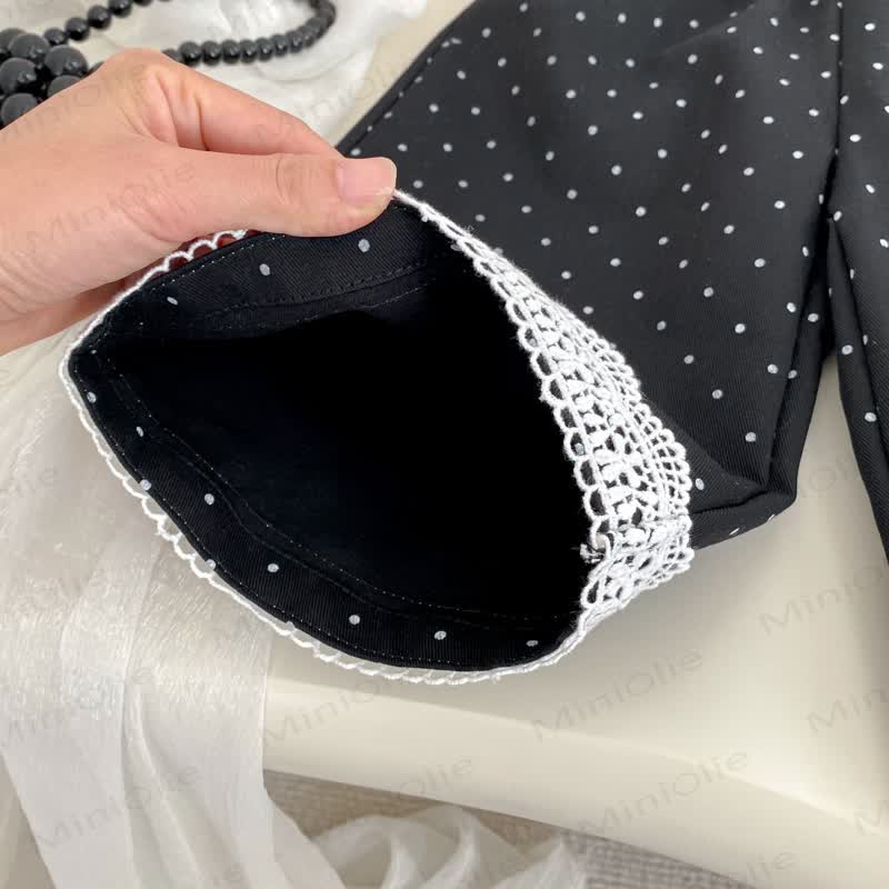 Top con fiocco in tinta unita per bambina/pantaloni a pois neri - image 11