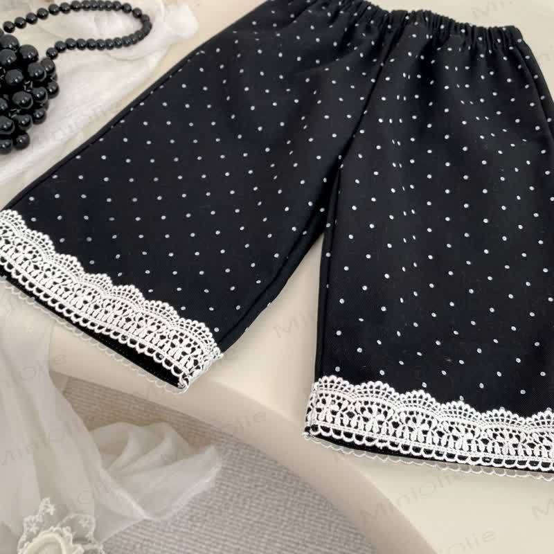 Top con fiocco in tinta unita per bambina/pantaloni a pois neri - image 9