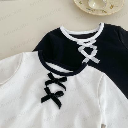 Top con fiocco in tinta unita per bambina/pantaloni a pois neri - image 13