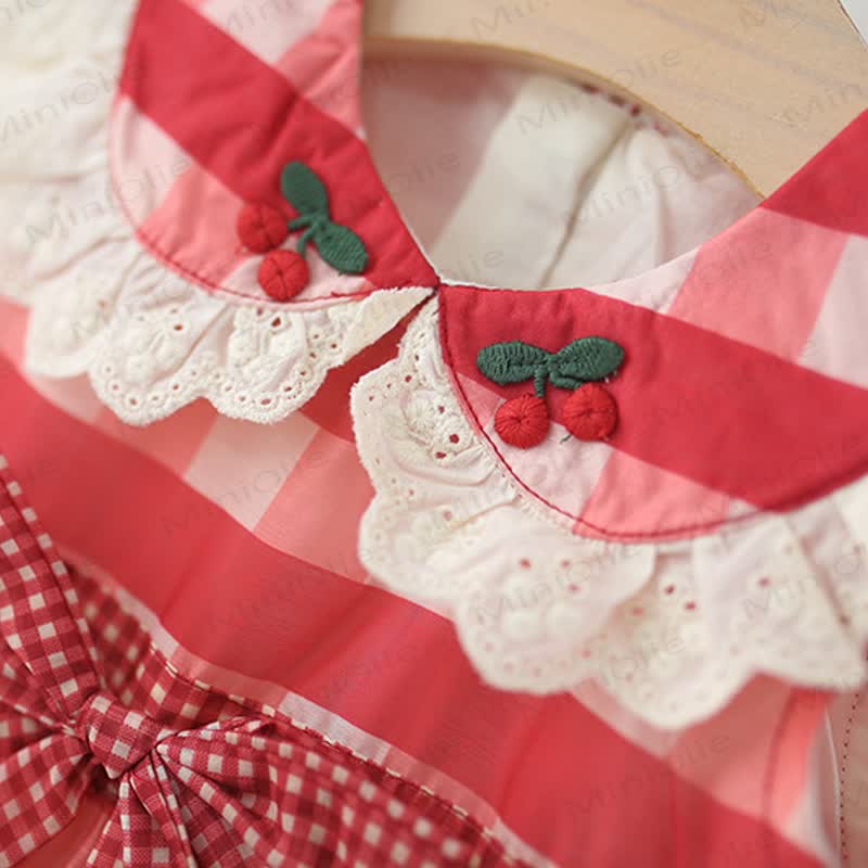 Vestito per neonato con fiocco rosso a quadri e ciliegie - image 3