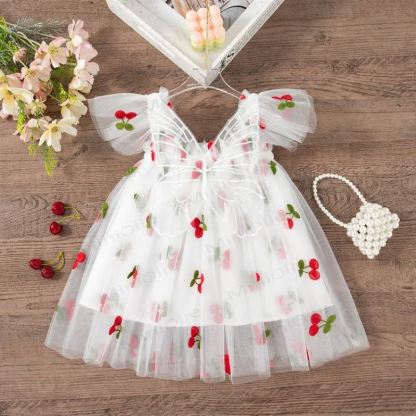 Vestito a rete con fiori/ciliegie per bambina - Bianco - 5-7T - image 1