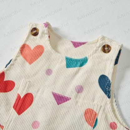 Salopette in velluto a coste beige con cuori colorati e pois per neonati e bambini - image 3