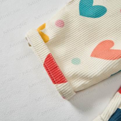 Salopette in velluto a coste beige con cuori colorati e pois per neonati e bambini - image 5