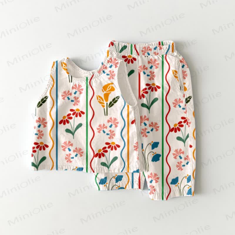 Completo 2 pezzi senza maniche con stampa floreale per bambini - Bianco - 5-7T - image 1