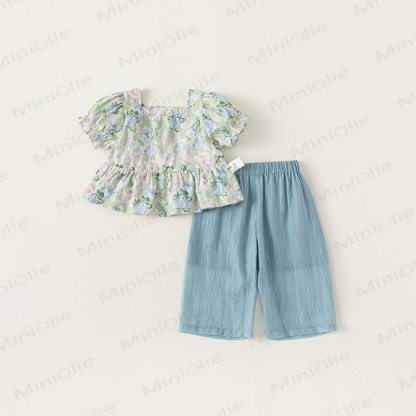 Completo top con maniche a sbuffo e pantaloni a gamba larga per bambini - Blu - 10 anni - image 1