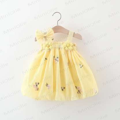 Vestito con fiocco e fiori per bambina - Giallo - 3-5T - image 1