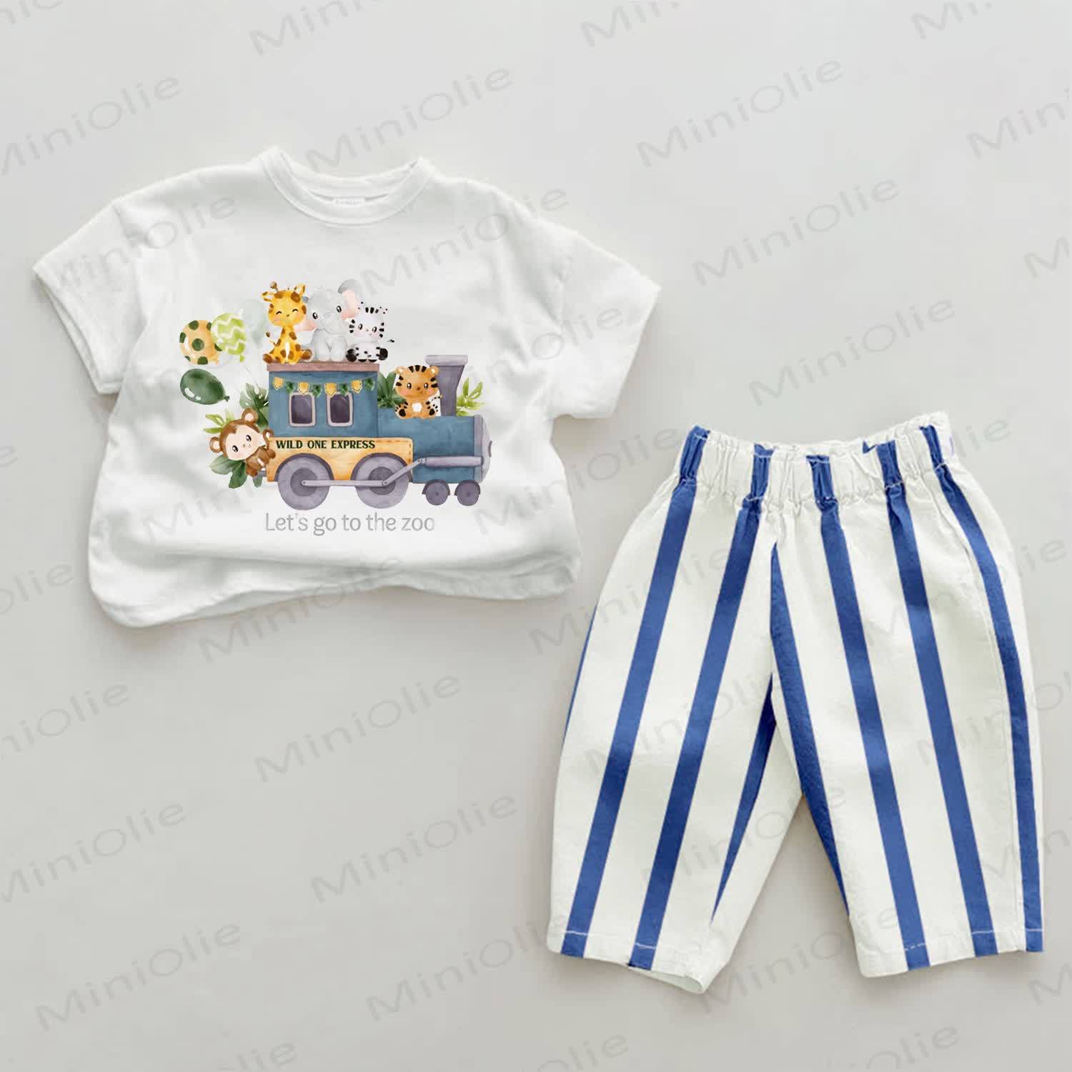 Completo due pezzi Wild Animal Express con pantaloni a righe azzurre. - Bianco e Blu - 2-3T - image 1