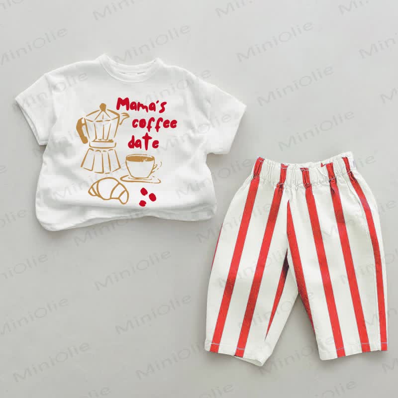 Completo da 2 pezzi a righe verticali rosse per neonati "MAMA'S COFFEE DATE". - Bianco e Rosso - 2-3T - image 1