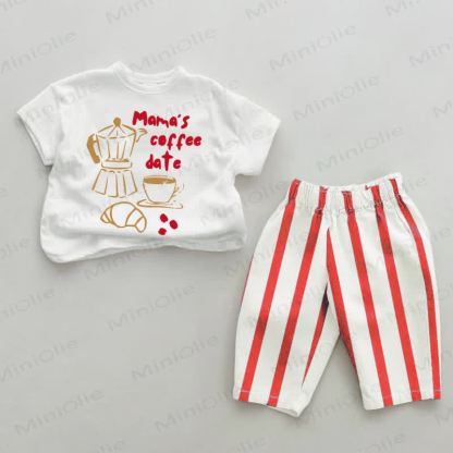 Completo da 2 pezzi a righe verticali rosse per neonati "MAMA'S COFFEE DATE". - Bianco e Rosso - 2-3T - image 1