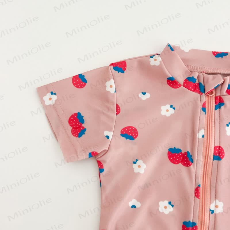 Costume da bagno con zip e cappello per bambina, motivo fragola/floreale - image 6