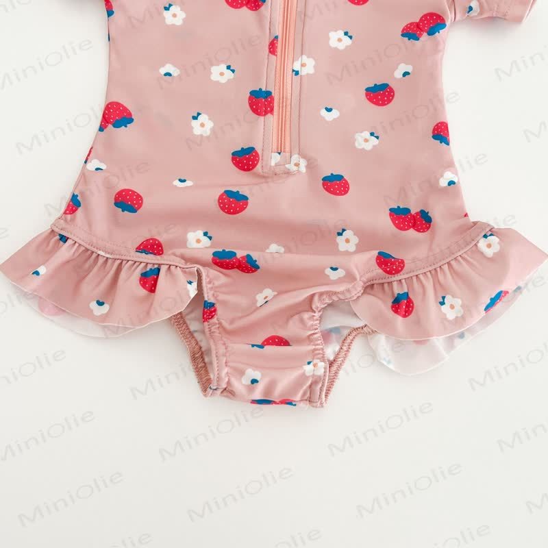 Costume da bagno con zip e cappello per bambina, motivo fragola/floreale - image 7