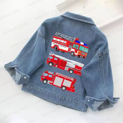 Giacca di jeans per bambini con tre camion dei pompieri - Blu - 10-11T - image 1