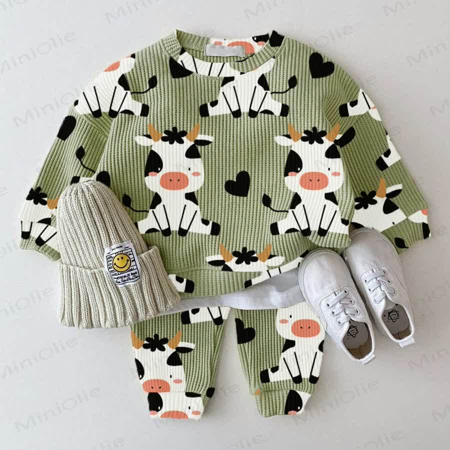 Completo da 2 pezzi con felpa e stampa mucca Baby Waffle. - Verde - 18-24 mesi - image 1