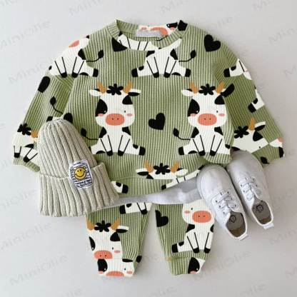 Completo da 2 pezzi con felpa e stampa mucca Baby Waffle. - Verde - 18-24 mesi - image 1