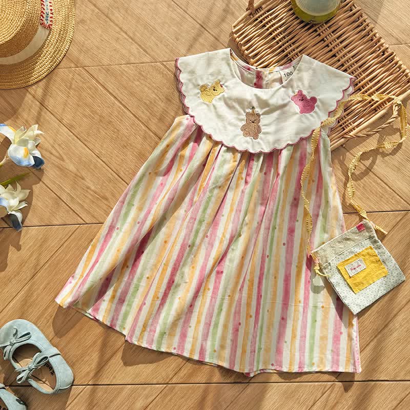 Vestitino a righe con orsetto ad acquerello per bambina - image 1