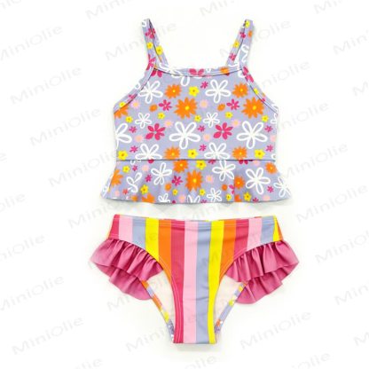 Costume da bagno a righe floreali per bambina - Viola - 8-9T - image 5