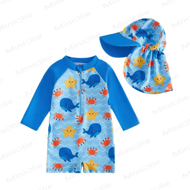 Costume da bagno a maniche lunghe con stampa oceano e cappellino per neonati. - image 2