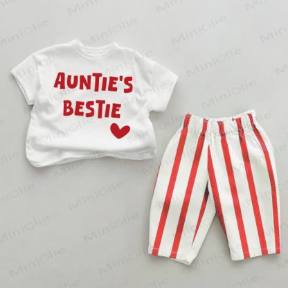 Completo 2 pezzi con pantaloni a righe rosse per neonati "AUNTIE'S BESTIE Baby". - Bianco e Rosso - 2-3T - image 1
