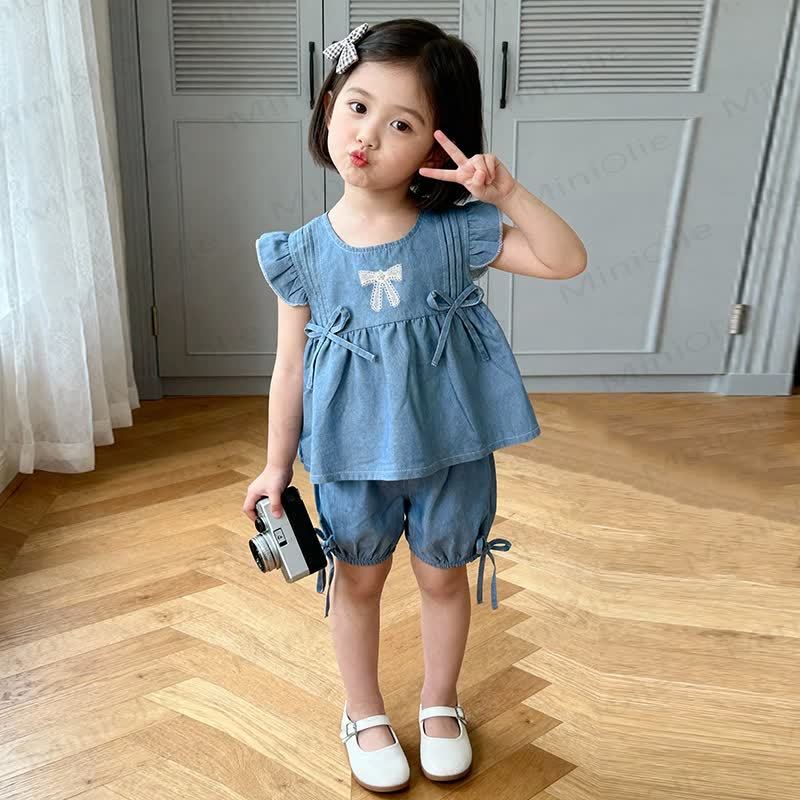 Completo canotta e pantaloncini in denim per bambina - image 3