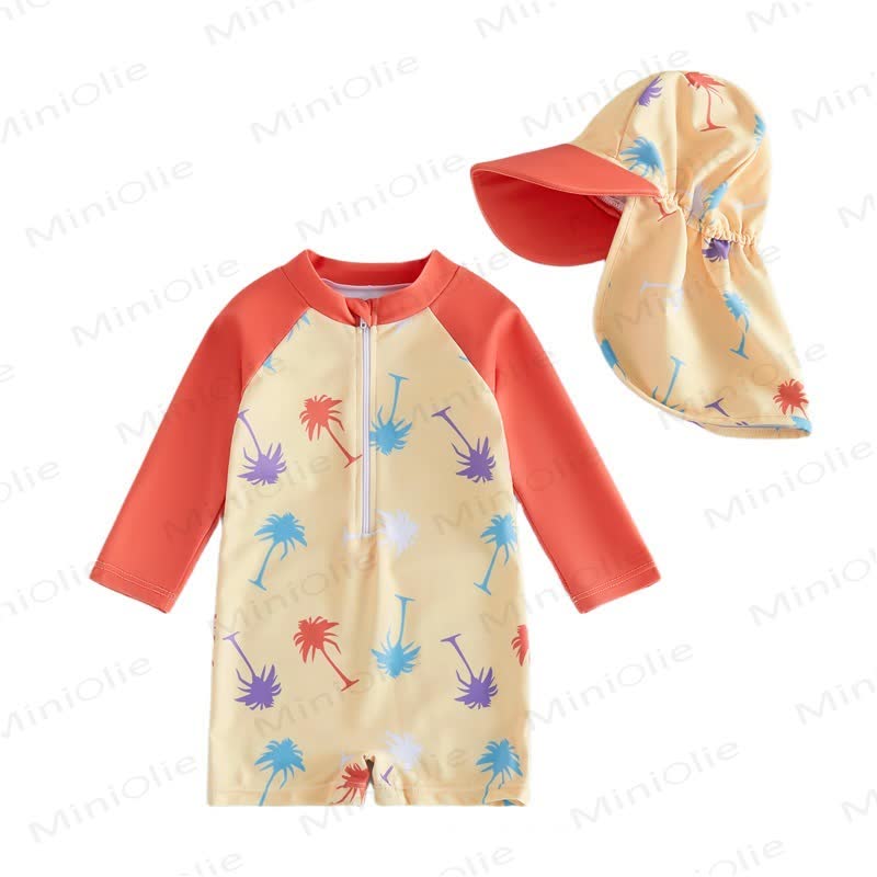 Costume da bagno a maniche lunghe con stampa oceano e cappellino per neonati. - image 5