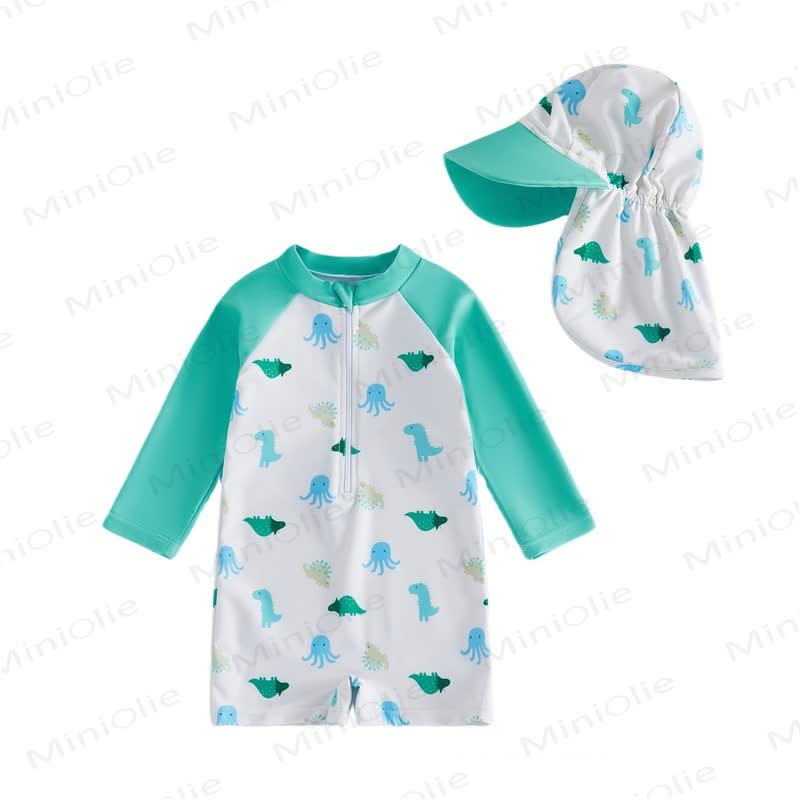 Costume da bagno a maniche lunghe con stampa oceano e cappellino per neonati. - image 4