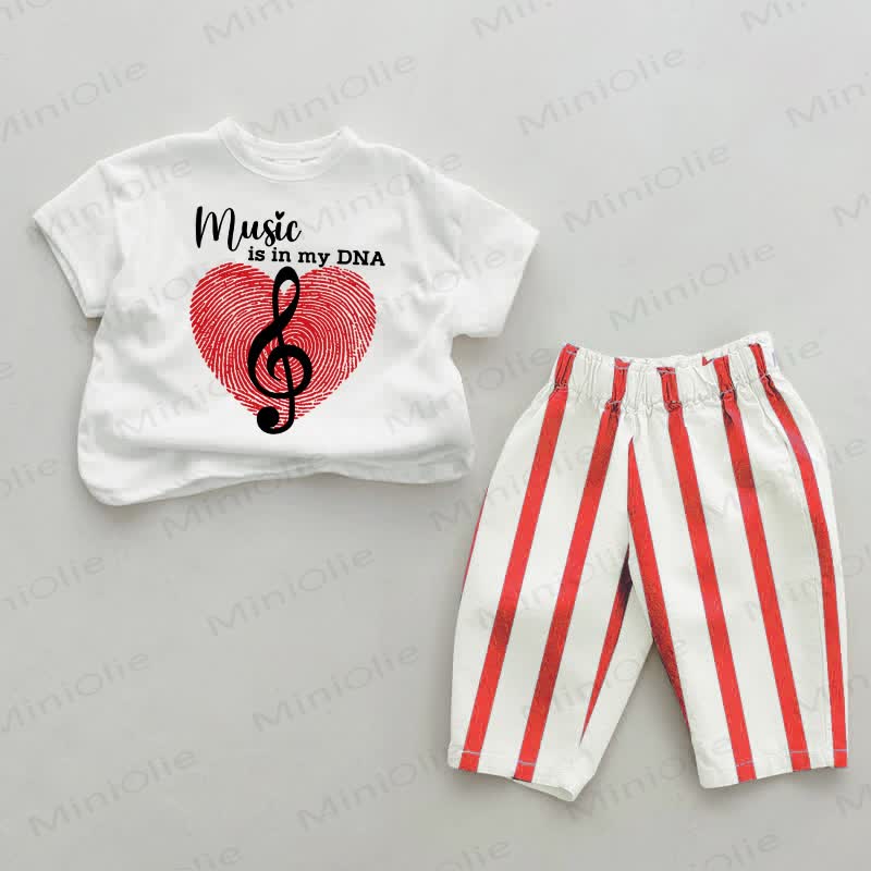 Completo due pezzi con pantaloni a righe rosse per neonati "La musica è nel mio DNA". - Bianco e Rosso - 2-3T - image 1