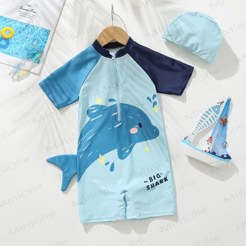 Costume da bagno/tutina per bambina BIG SHARK con cerniera frontale a delfino e asciugatura rapida. - Delfino - 8-9T - image 1