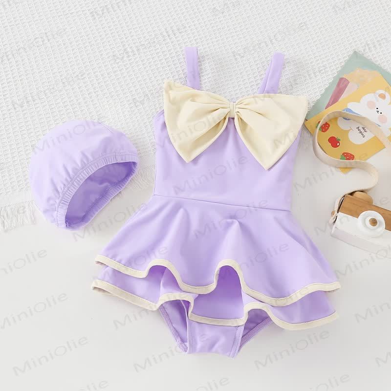 Costume da bagno per bambina con fiocco e cappellino - Viola - 8-9T - image 1