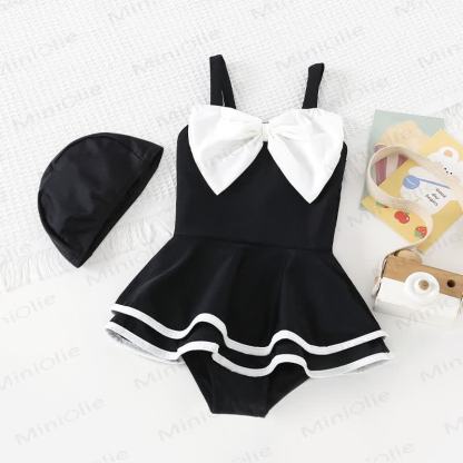 Costume da bagno per bambina con fiocco e cappellino - Nero - 8-9T - image 5