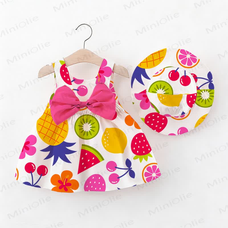 Vestitino da bambina con fiocco e frutta colorata e cappellino - Bianco - 2-3T - image 1