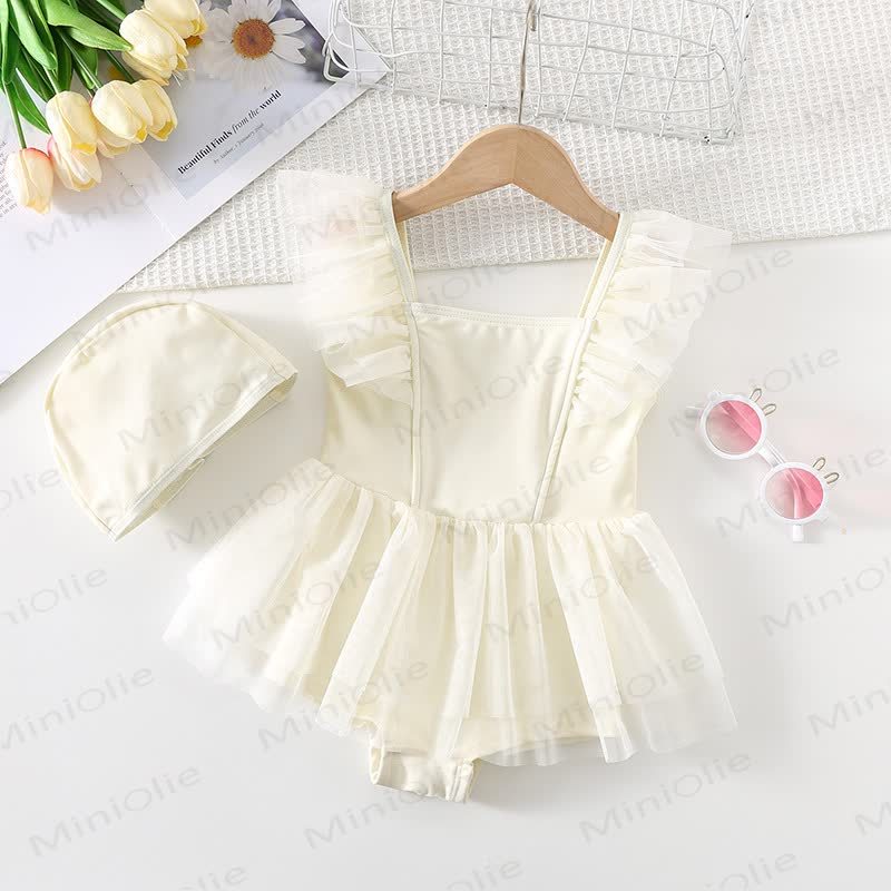 Costume da bagno per bambina con volant in tulle e cappellino. - Beige - 8-9T - image 1