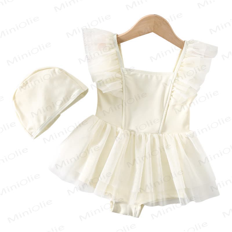 Costume da bagno per bambina con volant in tulle e cappellino. - image 4