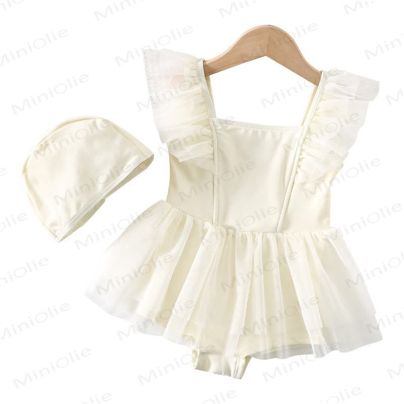 Costume da bagno per bambina con volant in tulle e cappellino. - image 4
