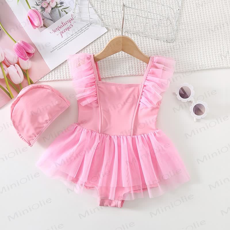 Costume da bagno per bambina con volant in tulle e cappellino. - Rosa - 8-9T - image 5