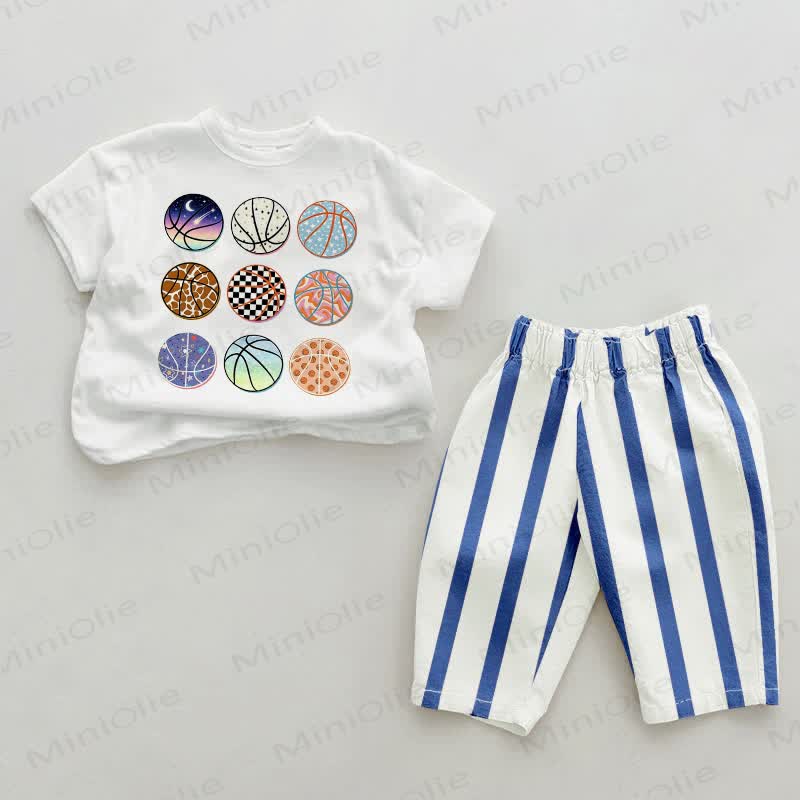 Completo da 2 pezzi per neonato con pantaloni da basket a righe verticali blu e fantasie assortite. - Bianco e Blu - 2-3T - image 1