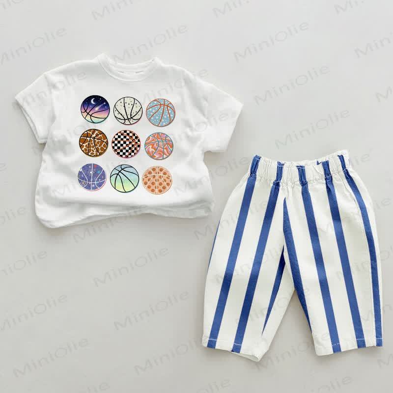 Completo da 2 pezzi per neonato con pantaloni da basket a righe verticali blu e fantasie assortite. - Bianco e Blu - 2-3T - image 1