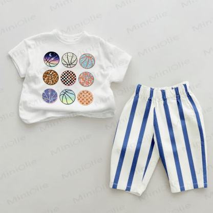 Completo da 2 pezzi per neonato con pantaloni da basket a righe verticali blu e fantasie assortite. - Bianco e Blu - 2-3T - image 1