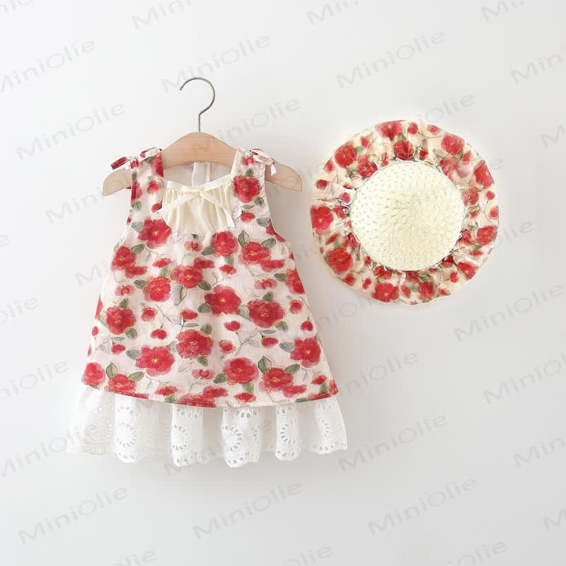 Vestitino rosso a fiori per bambina con cappellino - Rosso - 4-5T - image 1