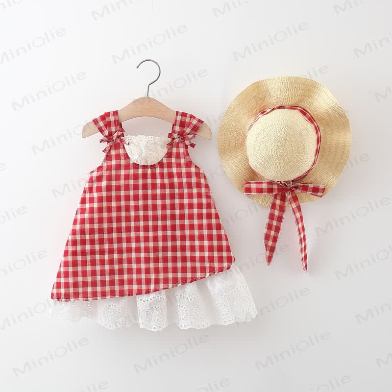 Vestitino a quadri rossi per bambina con cappellino - Rosso - 4-5T - image 1