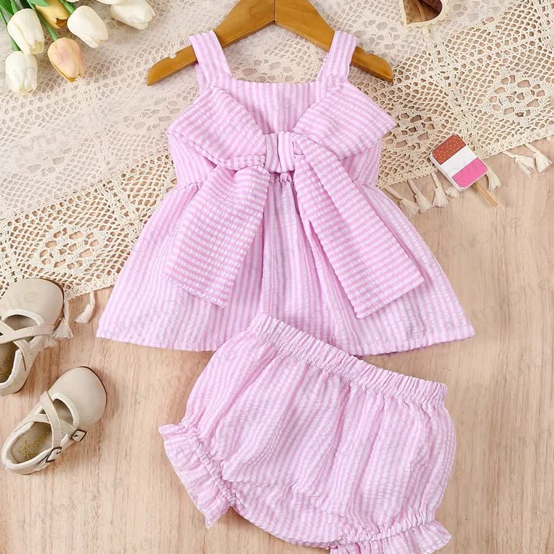 Completo da bambina con canottiera e pantaloncini a righe rosa e fiocco. - Rosa - 2-3 anni - image 1