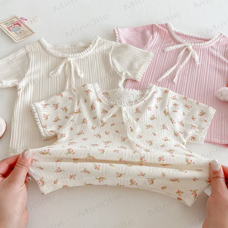 T-shirt da bambina a coste con bordo in pizzo - image 5